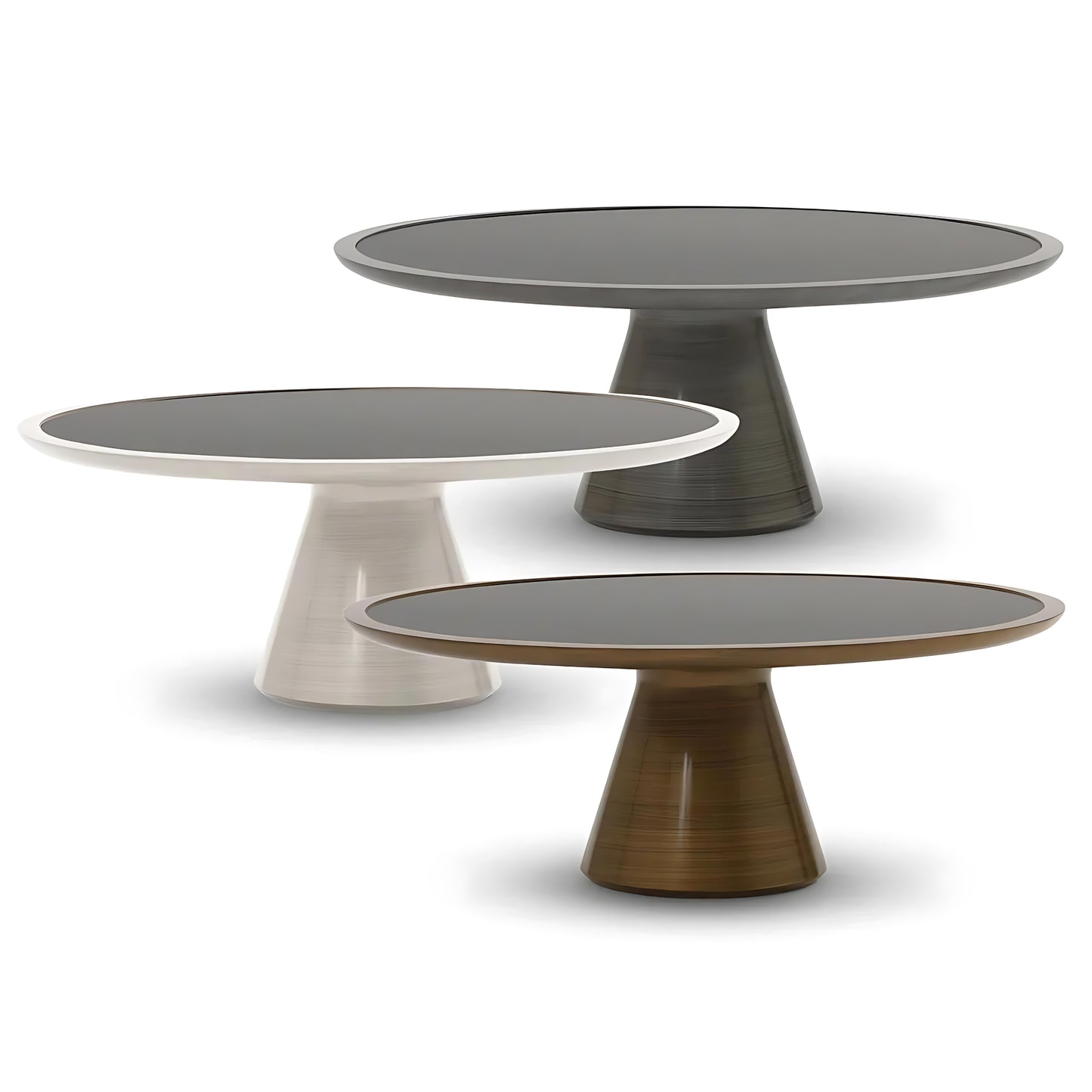 Three Addie Tables in various finishing options. American made resin with hand-brushed metallic finish. Luxury contemporary cocktails manufactured by Modern Elements Furniture.