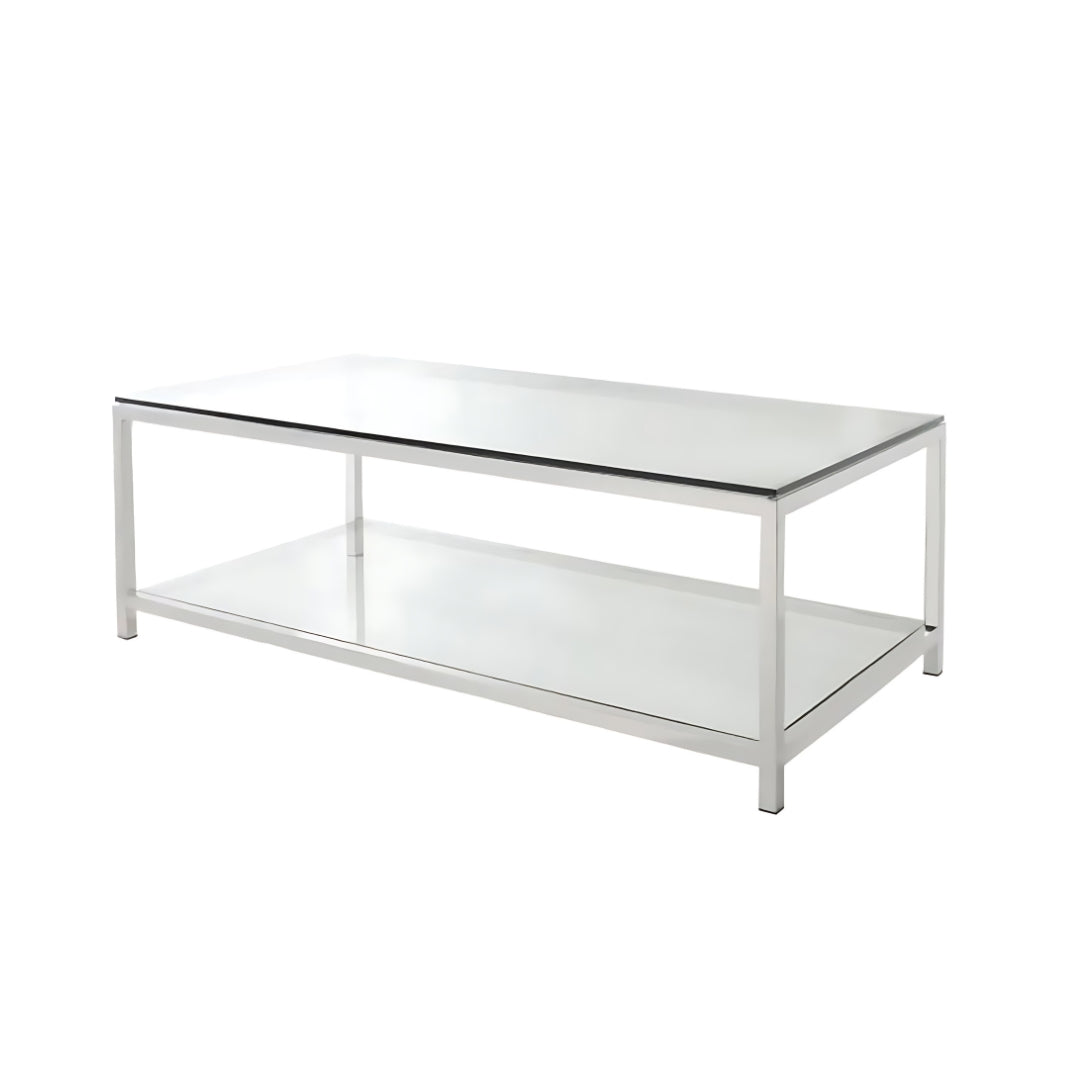 This is a silo show of the Basis Rectangular cocktail table from Modern Elements. Finished in a polished stainless steel, this silo photo showcases the clean lines of the Basis's minimalist design.