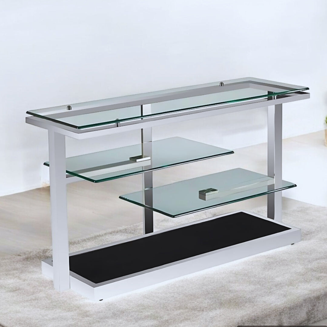 This is a lifestyle shot of the multi-shelf Cascade Console by Modern Elements. Finishing options include polished or brushed stainless steel.