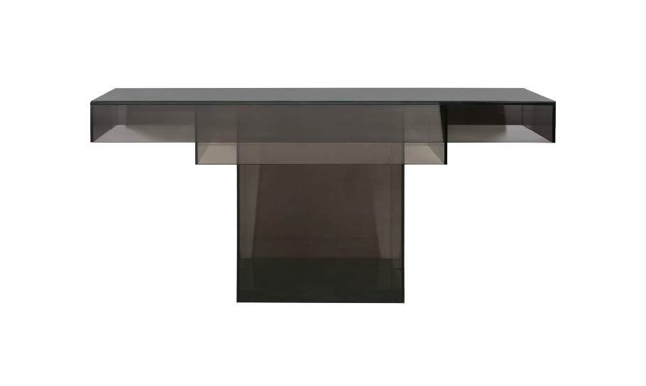 Pictured here in this silo photo, we have the Gelo Console table by Modern Elements in a gray smoke acrylic.