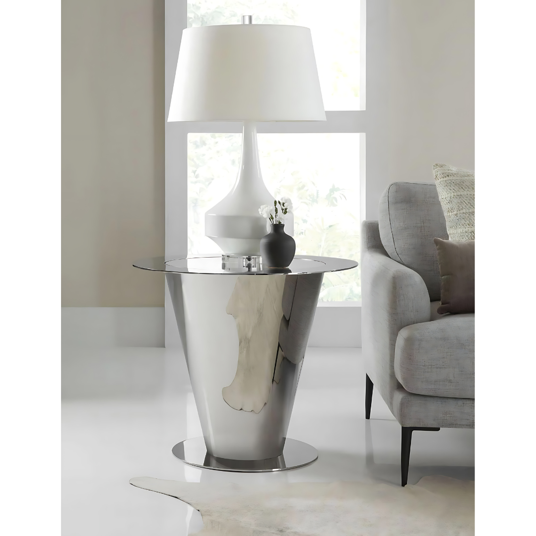 This is a standalone photo of the Cosmos lamp table by Modern Elements, showing off its inverted cone-shaped base and reflective stainless steel base and its mirroring glass insert top.