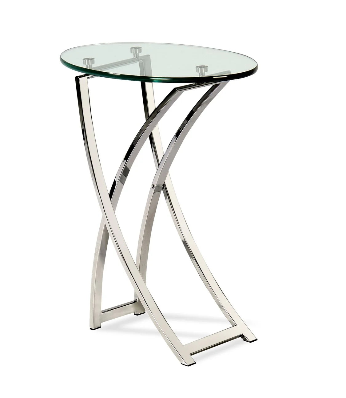 Pictured in this silo photo in a stainless steel finish, The Playa Side Table is an elegant blend of modern design and artistic sophistication, perfect for adding a touch of contemporary style to any room.
This metal and glass end table features an oval-shaped glass top that sits gracefully on a metal frame with subtle, flowing curves. Its sleek oil-rubbed bronze finish enhances the table's refined look, making it an ideal choice for living rooms, bedrooms, or lounge areas.