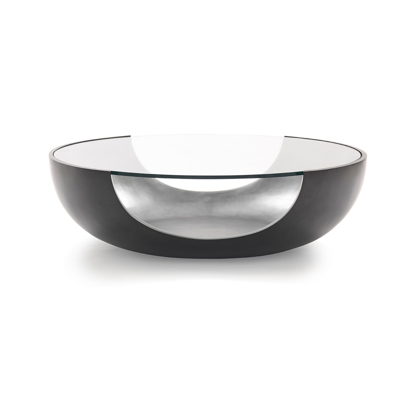 This is a silo shot of the Soleil Cocktail table by Modern Elements Furniture in a pewter/ silver leaf finish.
