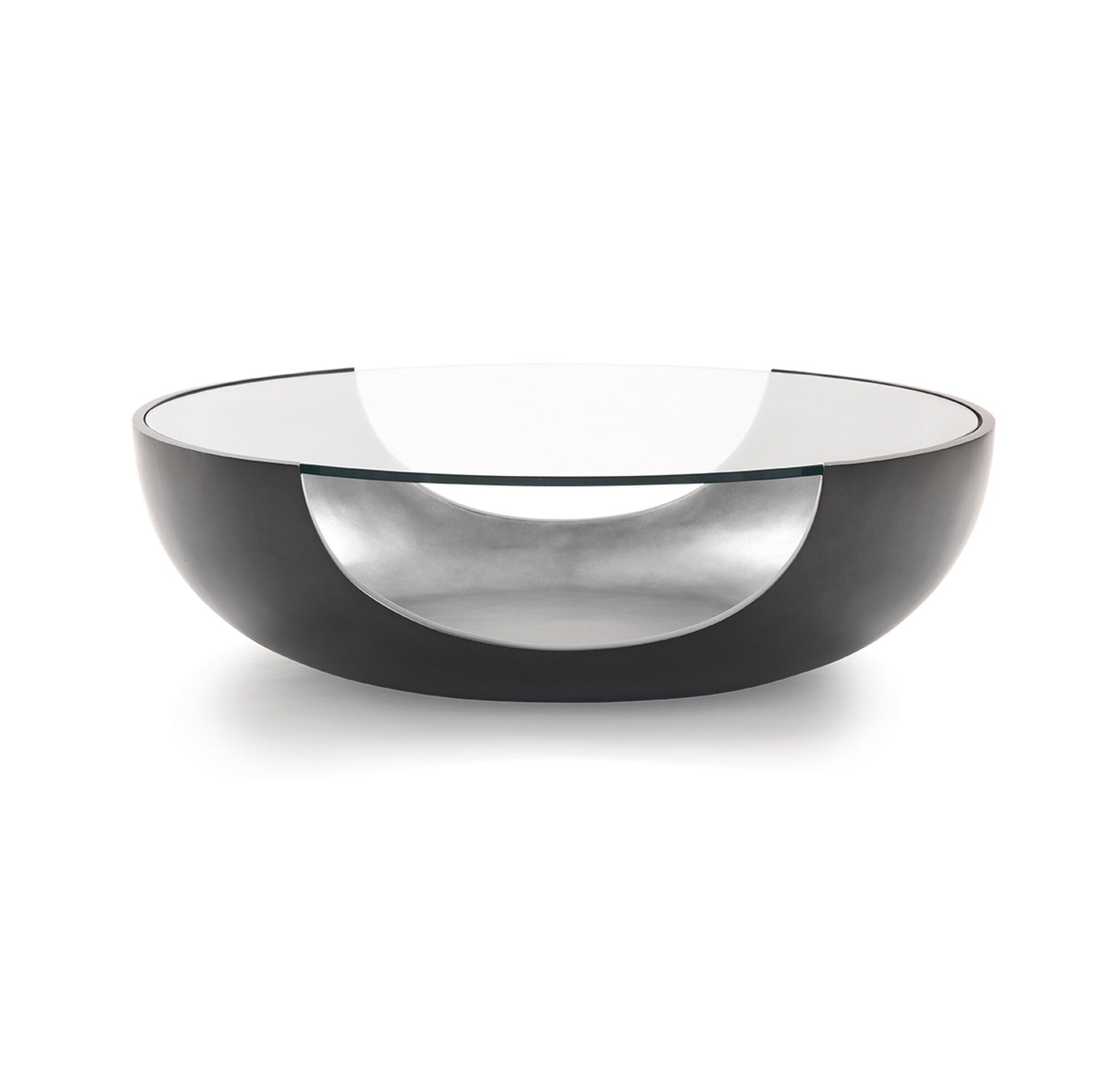 This is a silo shot of the Soleil Cocktail table by Modern Elements Furniture in a pewter/ silver leaf finish.