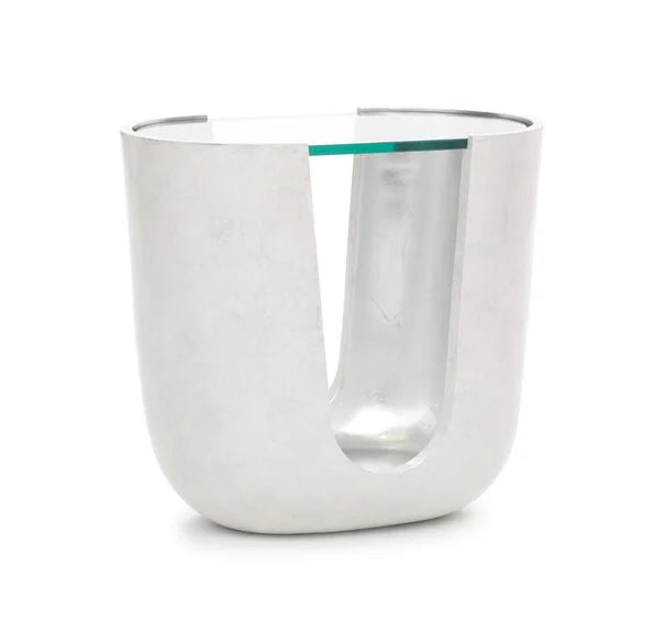 This is a silo shot of the Soleil Pull Up Table in a matte white and silver leaf finish by Modern Elements Furniture.