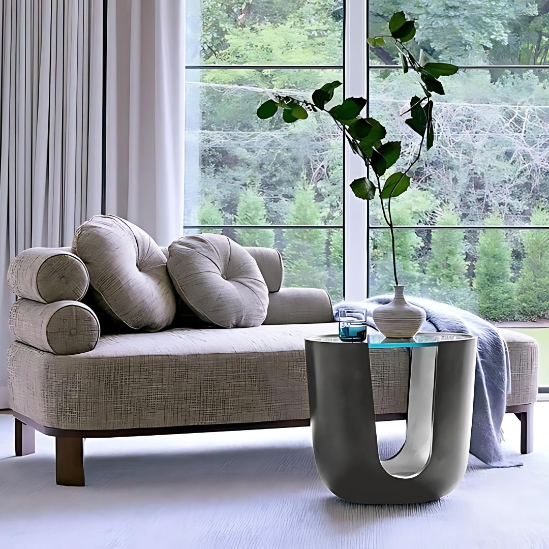 This is a lifestyle shot of the Soleil Pull Up Table in a pewter / silver leaf finish by Modern  Elements Furniture.