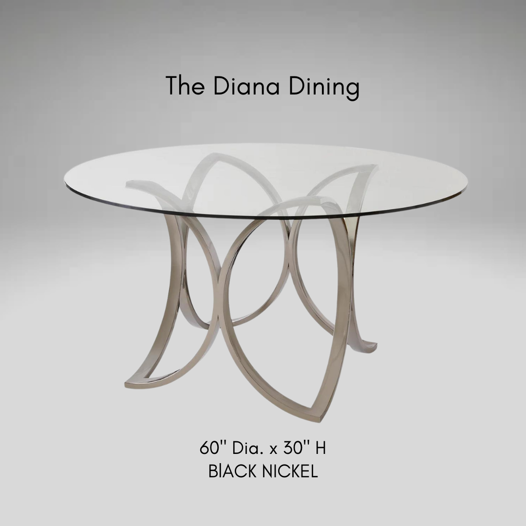 Shown here is a silo shot of the Diana Dining table by Modern Elements in an oil-rubbed bronze finish. Its stainless steel frame showcases a unique, engineered leg design that not only provides exceptional stability but also serves as a stunning focal point in any dining space.