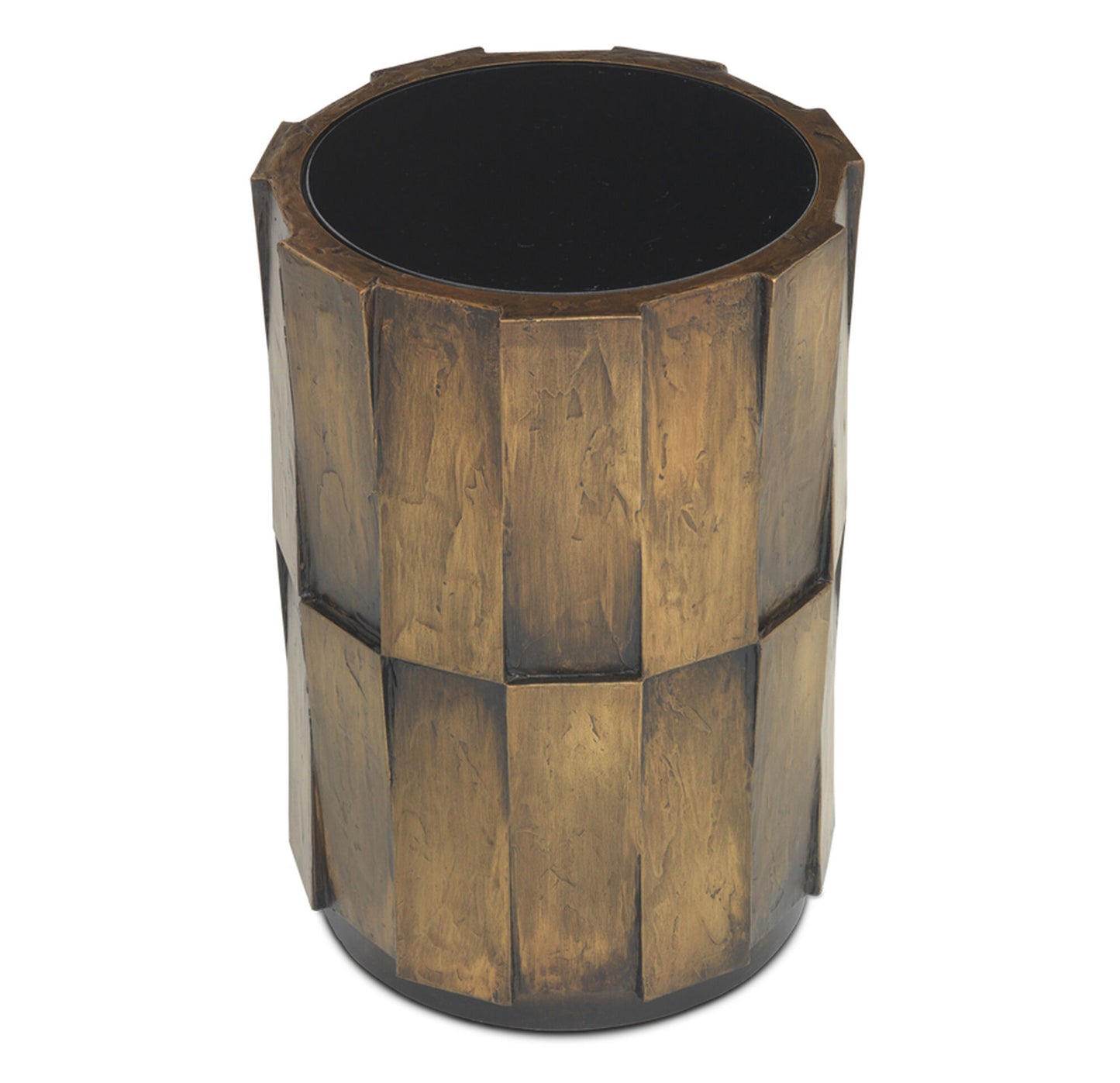 Pictured in this detail shot, the Drummond in an antique brass finish showcases the black glass insert.