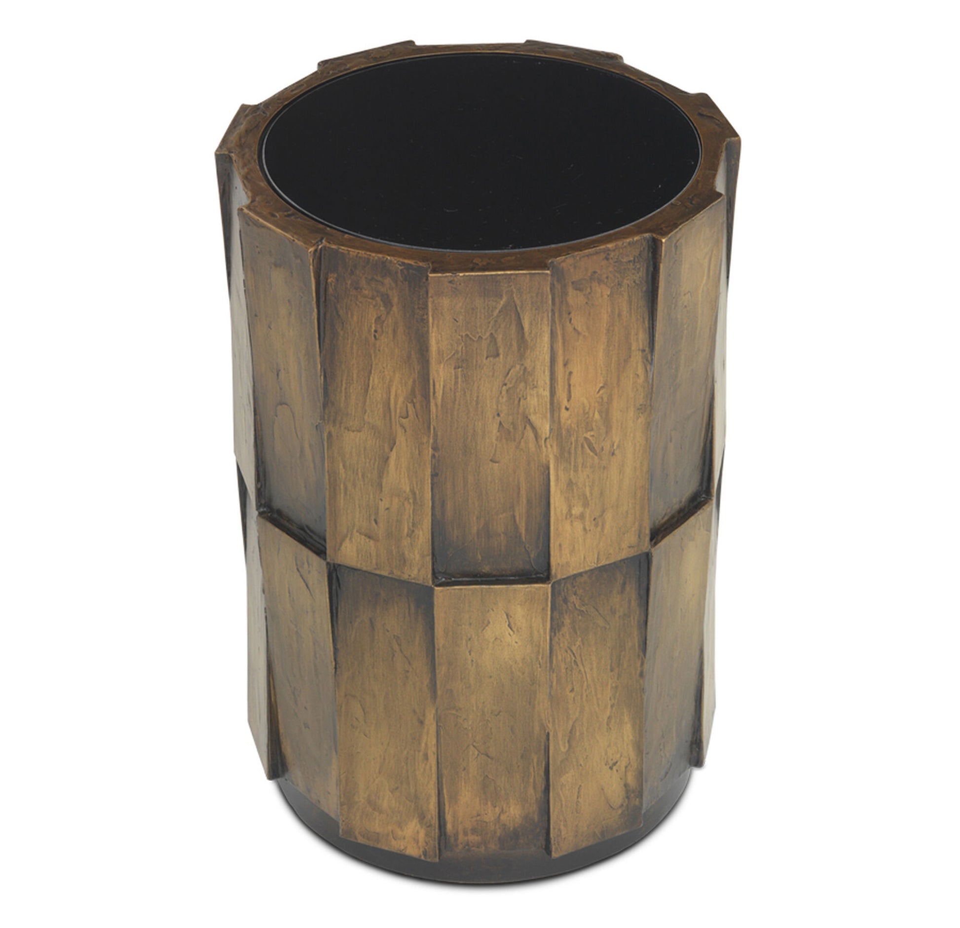 Pictured in this detail shot, the Drummond in an antique brass finish showcases the black glass insert.