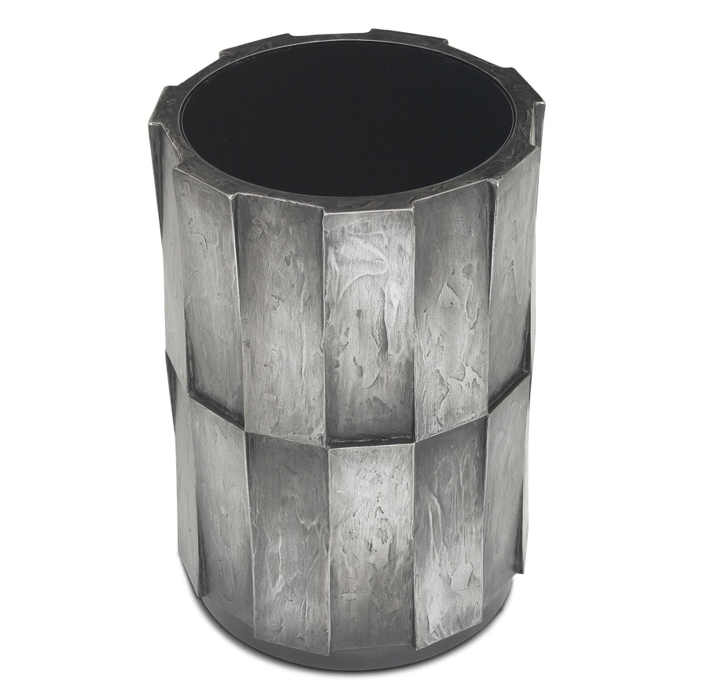 Pictured here in this silo image is the Drummond side table, shown in the antique silver finish and a point of view that details the black glass insert.