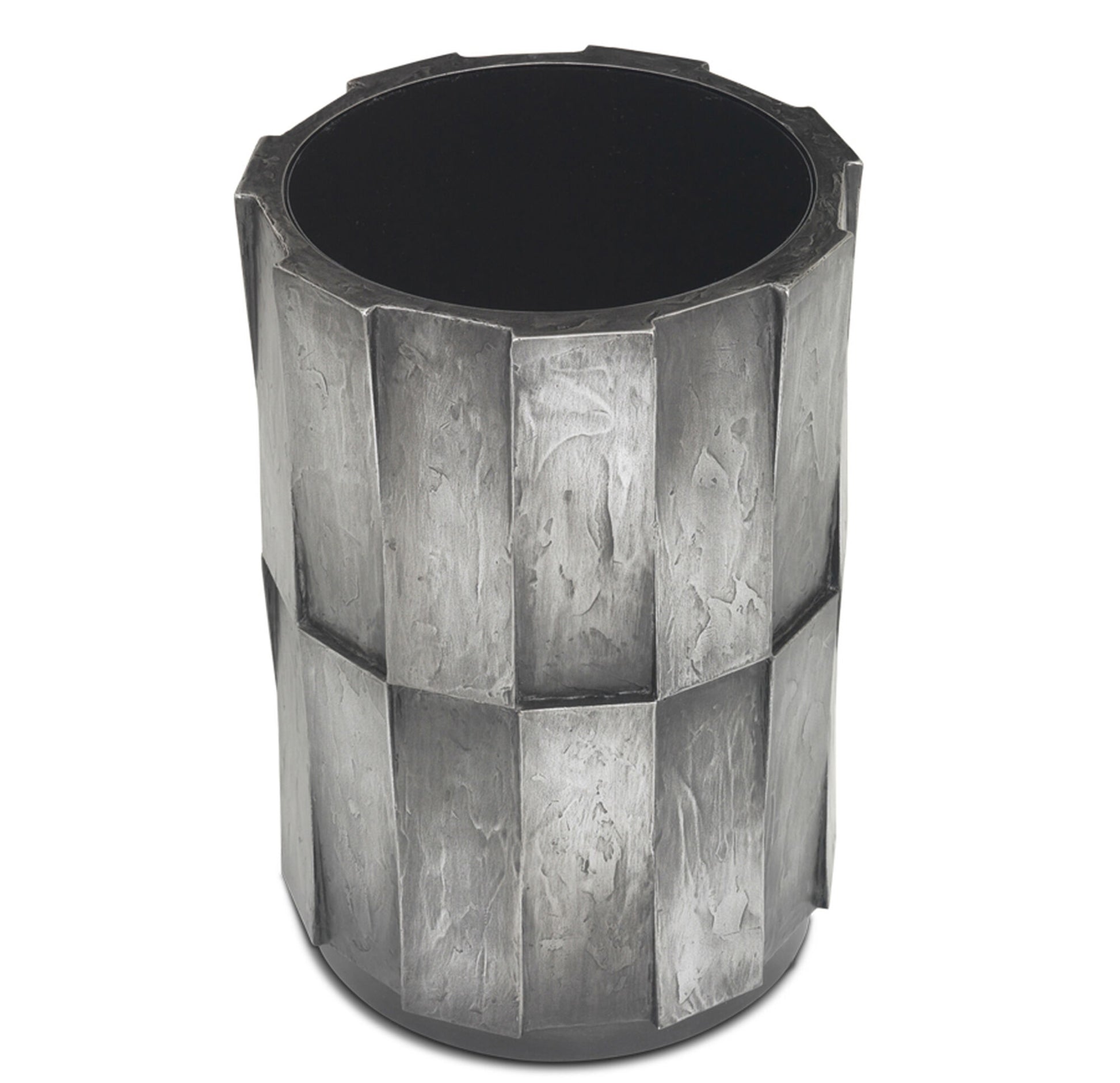 Pictured here in this silo image is the Drummond side table, shown in the antique silver finish and a point of view that details the black glass insert.