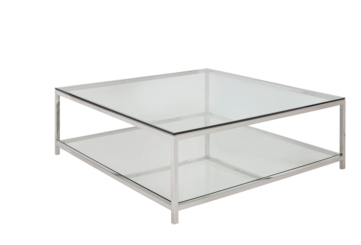This is a silo of the square Basis Cocktail table, showcasing the lines of the Basis crafted with metal and glass components.