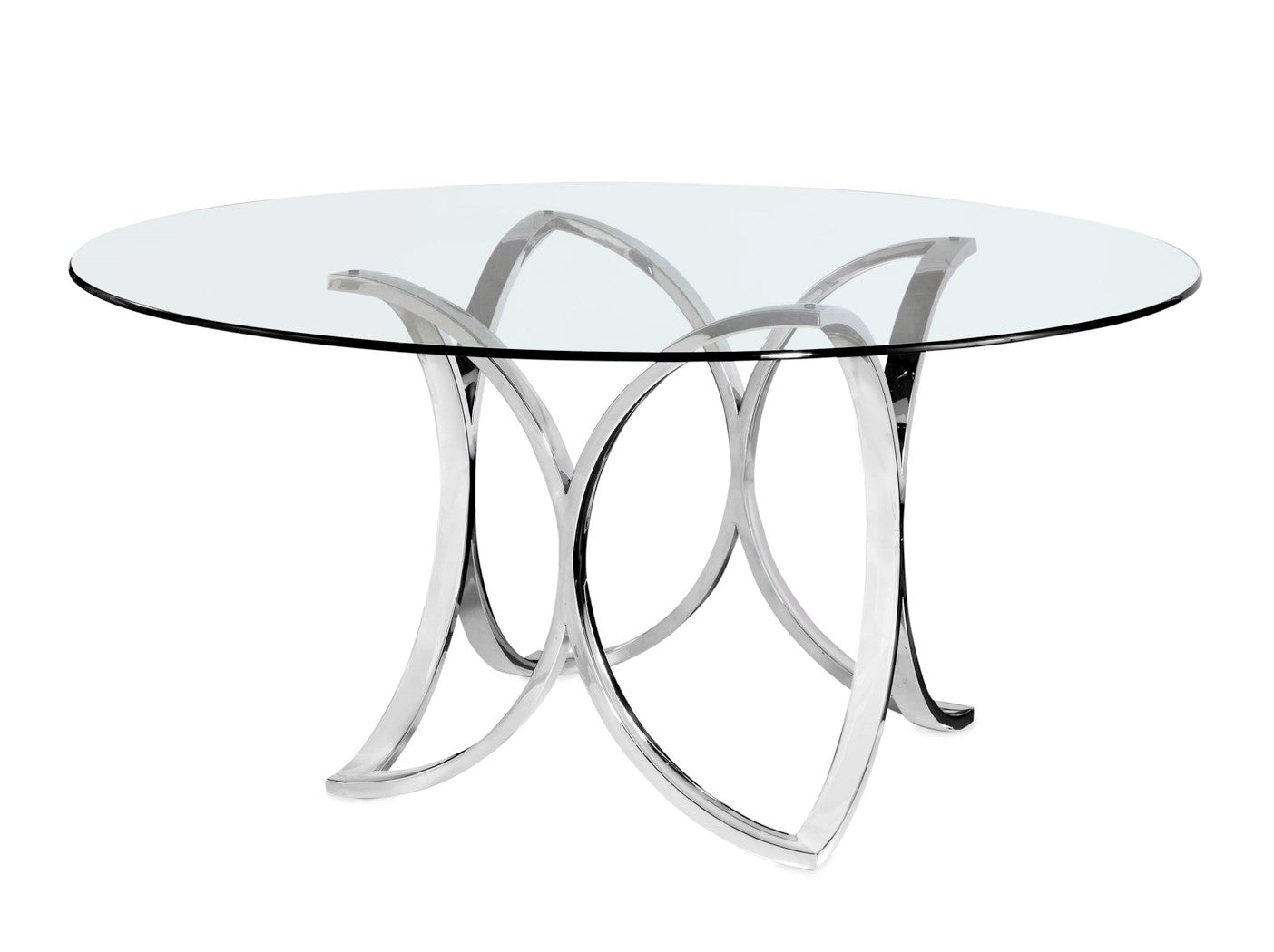 This is a silo shot of the Diana dining table by Modern Elements, shown in a polished stainless steel finish. Its stainless steel frame showcases a unique, engineered leg design that not only provides exceptional stability but also serves as a stunning focal point in any dining space.