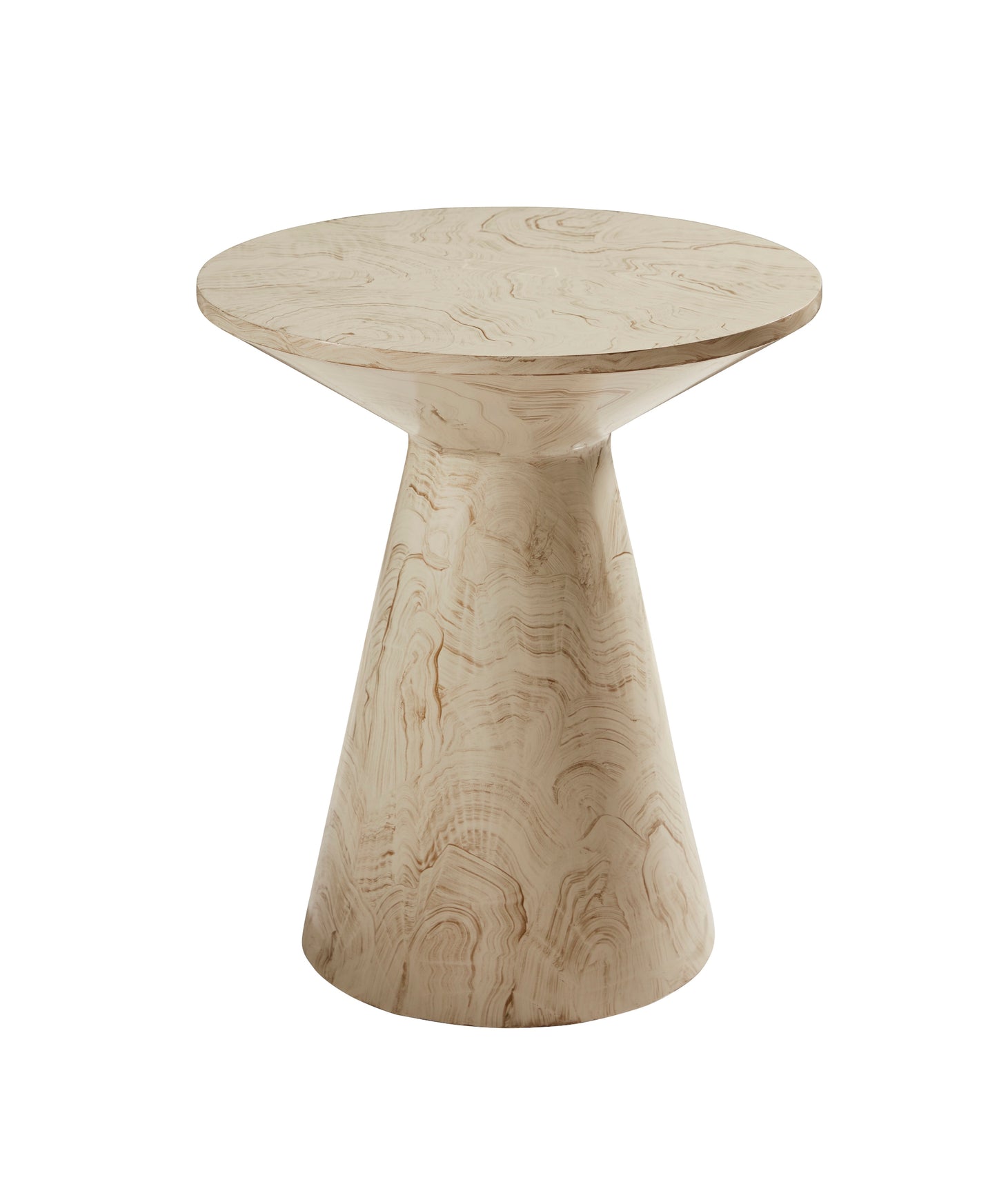Pictured here in this silo shot, the Hardin End Table is a beautifully crafted accent piece that brings a touch of elegance to any room. Showcased in a stunning Faux Malachite finish, this American-made resin table stands out as a unique and custom treasure for your home.
Its distinctive truncated hourglass form adds visual interest and a sculptural element to your living space, while its compact size makes it perfect as a pull-up or side table.