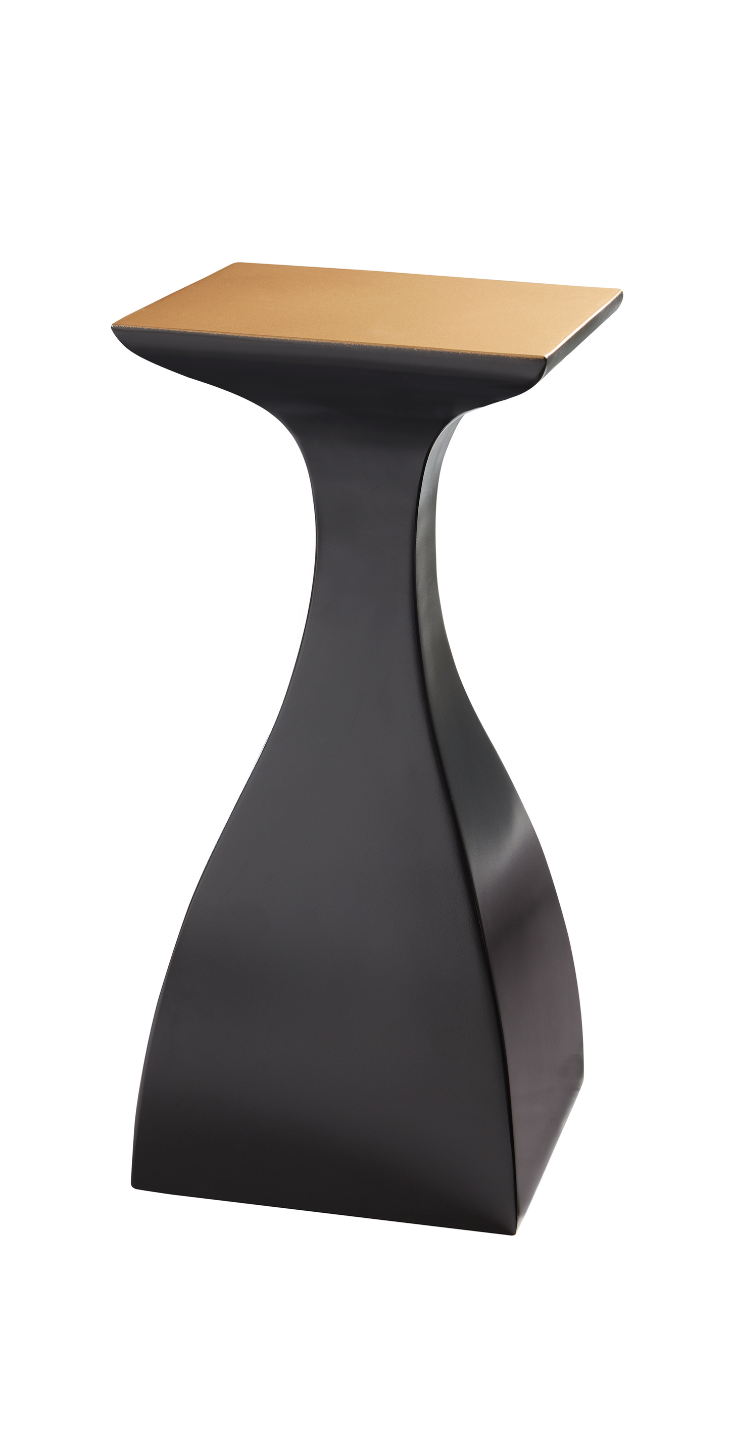 Pictured in this silo shot, the Noir Pull-Up Table is a striking resin accent piece that brings modern elegance to any room with its fluid, sculptural form. Made in the USA, this distinctive table features an hourglass-shaped base finished in a high-sheen Ebony, complemented by a luxurious satin Gold square top.