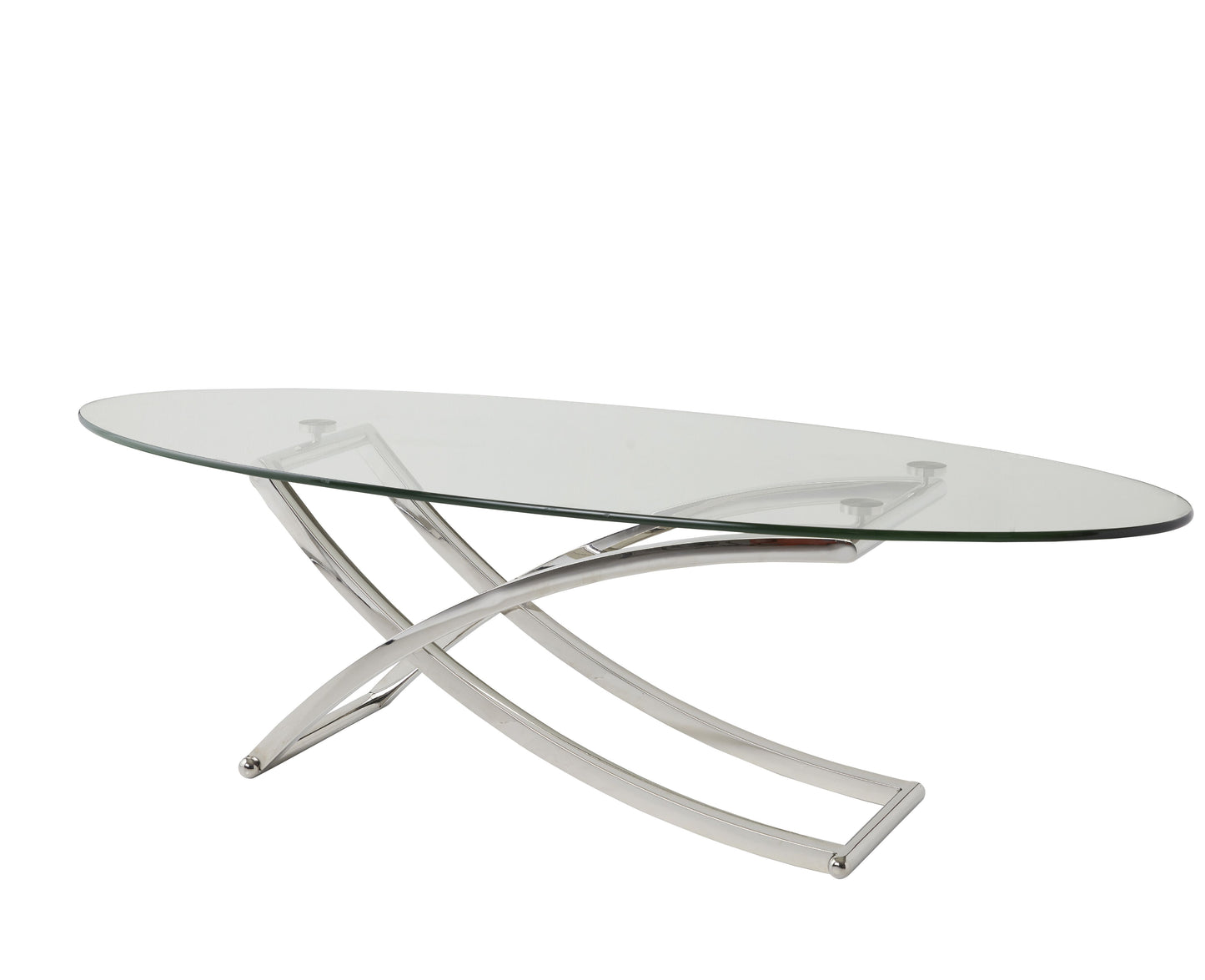 Pictured in this silo shot is the Playa Cocktail by Modern Elements shown in a stainless steel finish. This metal and glass cocktail table features a larger oval-shaped glass top that rests on a beautifully curved metal frame, creating a sleek and sophisticated silhouette. Finished in oil-rubbed bronze, satin brass, or stainless steel, the table's refined style and subtle curves make it a standout piece for living rooms, lounges, or entertainment areas.