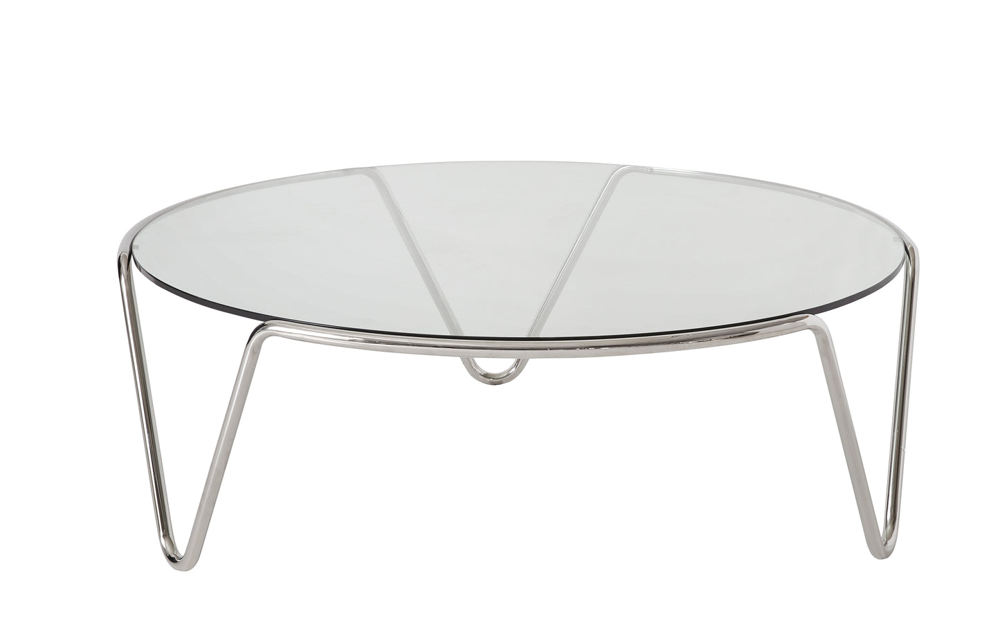 Pictured in this silo shot, The Ripple Cocktail Table is a modern masterpiece that brings an artistic touch to any living room or lounge area.
Featuring a round glass top and a sleek metal frame, this contemporary cocktail table offers a sophisticated and airy look that complements a variety of decor styles. The table's subtle yet refined base design creates a sense of fluidity and elegance, making it a unique statement piece for modern interiors.