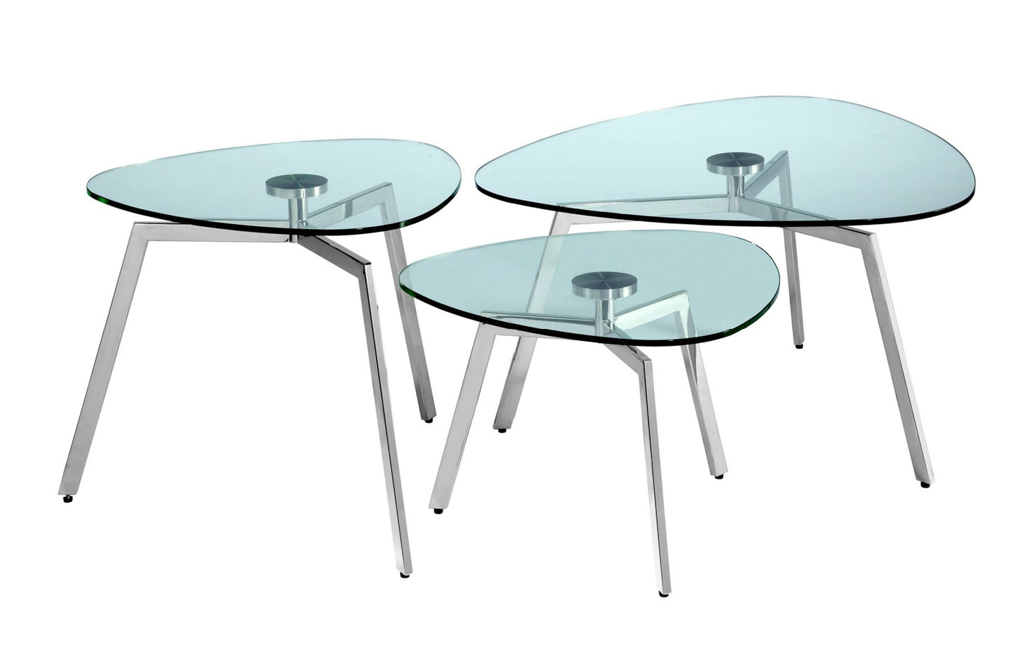 Pictured here in this silo photo, The Trio Nesting Tables set is a modern and versatile addition to any living room or lounge area, offering both style and functionality.
This set of three distinctly sized accent tables features a sleek stainless steel base with three slender legs that create a minimalist yet sturdy foundation. Topped with chic glass table-tops, these nesting tables exude contemporary elegance and provide flexible solutions for any space.