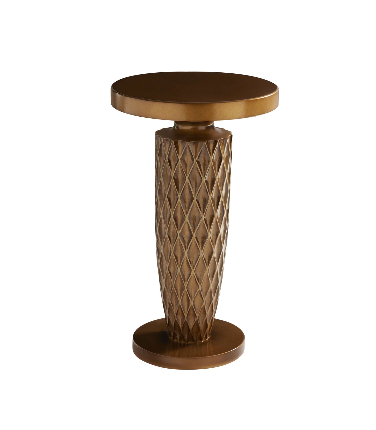 Pictured here in this silo shot in an Oro finish, The Vesper Pull-Up Table is a beautifully crafted American-made accent table that combines exceptional craftsmanship with a striking sculptural design.
Featuring a uniquely molded base and a sleek round tabletop, this versatile piece is perfect for resting decor or practical items in living rooms or lounge areas. The Vesper Pull-Up Table stands out with its artistic appeal, making it more than just a functional piece—it's a true statement of classic style.