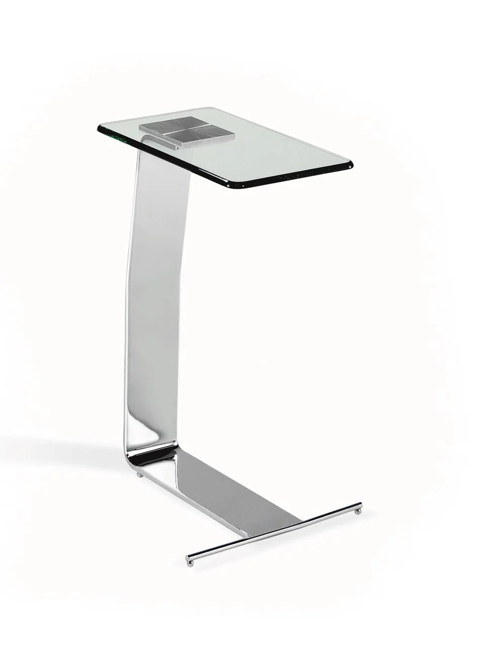 This is a silo photo of the Plateau Side table shown in brushed stainless steel.

Featuring a clear glass tabletop that rests on a sleek, sculptural metal frame, this metal and glass side table adds a touch of sophistication to your home decor. The unique frame, crafted from a single piece of metal, creates a contemporary sculpture-like form that serves as both a functional end table and a stylish accent piece.