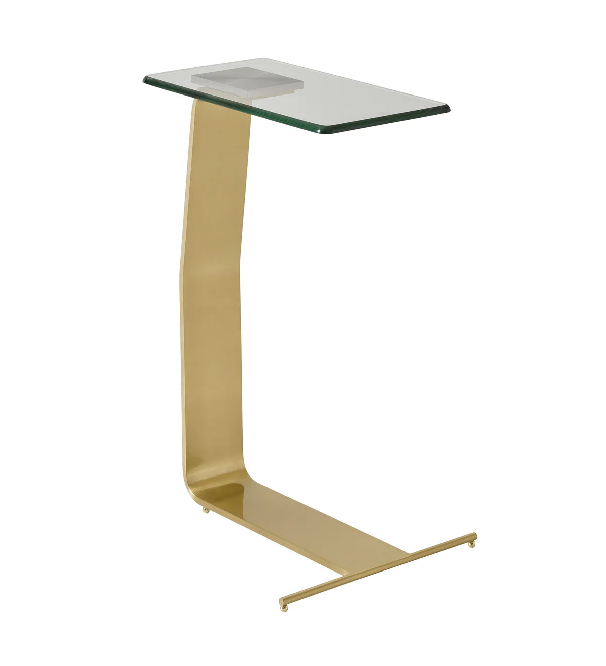 This is a silo photo of the Plateau Side table shown in satin brass.

Featuring a clear glass tabletop that rests on a sleek, sculptural metal frame, this metal and glass side table adds a touch of sophistication to your home decor. The unique frame, crafted from a single piece of metal, creates a contemporary sculpture-like form that serves as both a functional end table and a stylish accent piece.