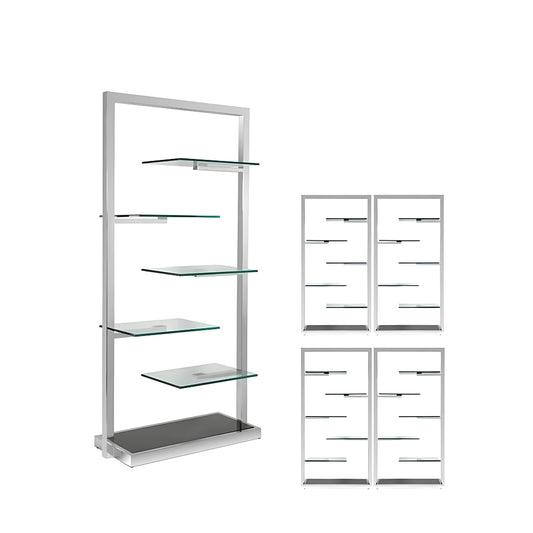 Pictured here is the Cascade Etagere from Modern Elements. The Cascade Etagere is the ultimate statement piece, designed to transform any space with its bold, contemporary presence. Featuring a multi-shelf design crafted from high-quality glass and metal components, this etagere offers expansive display space for your most treasured home decor accessories, photos, awards, and more.