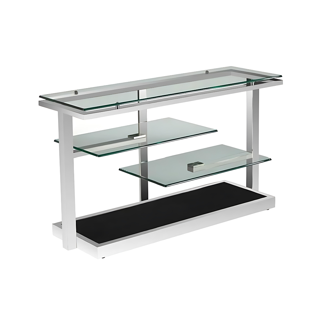 This is a silo shot of the Cascade Console by Modern Elements, showcasing the multi-shelving of the console, perfect for displaying family photos or home accessories. Finished in our polished/brushed stainless steel.