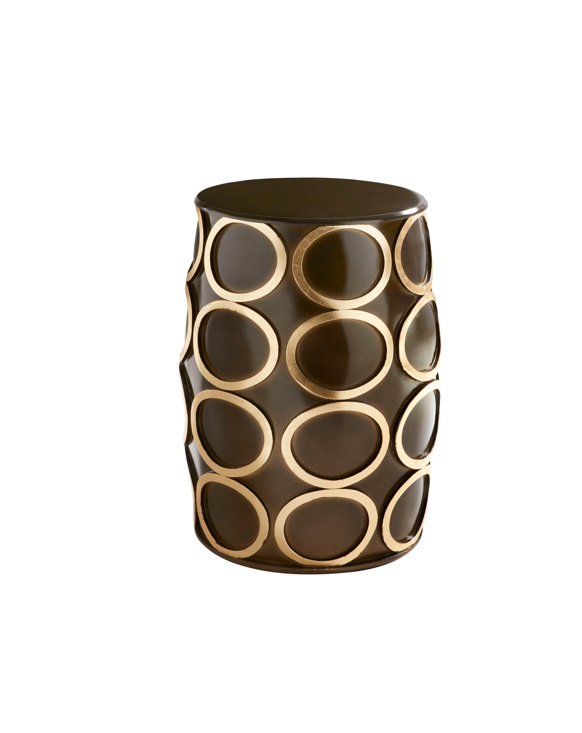 This is a silo of the Carnival side table from Modern Elements, shown here in the Bronze with Gold Leaf rings. This table offers a dynamic visual appeal that complements a variety of interior styles.