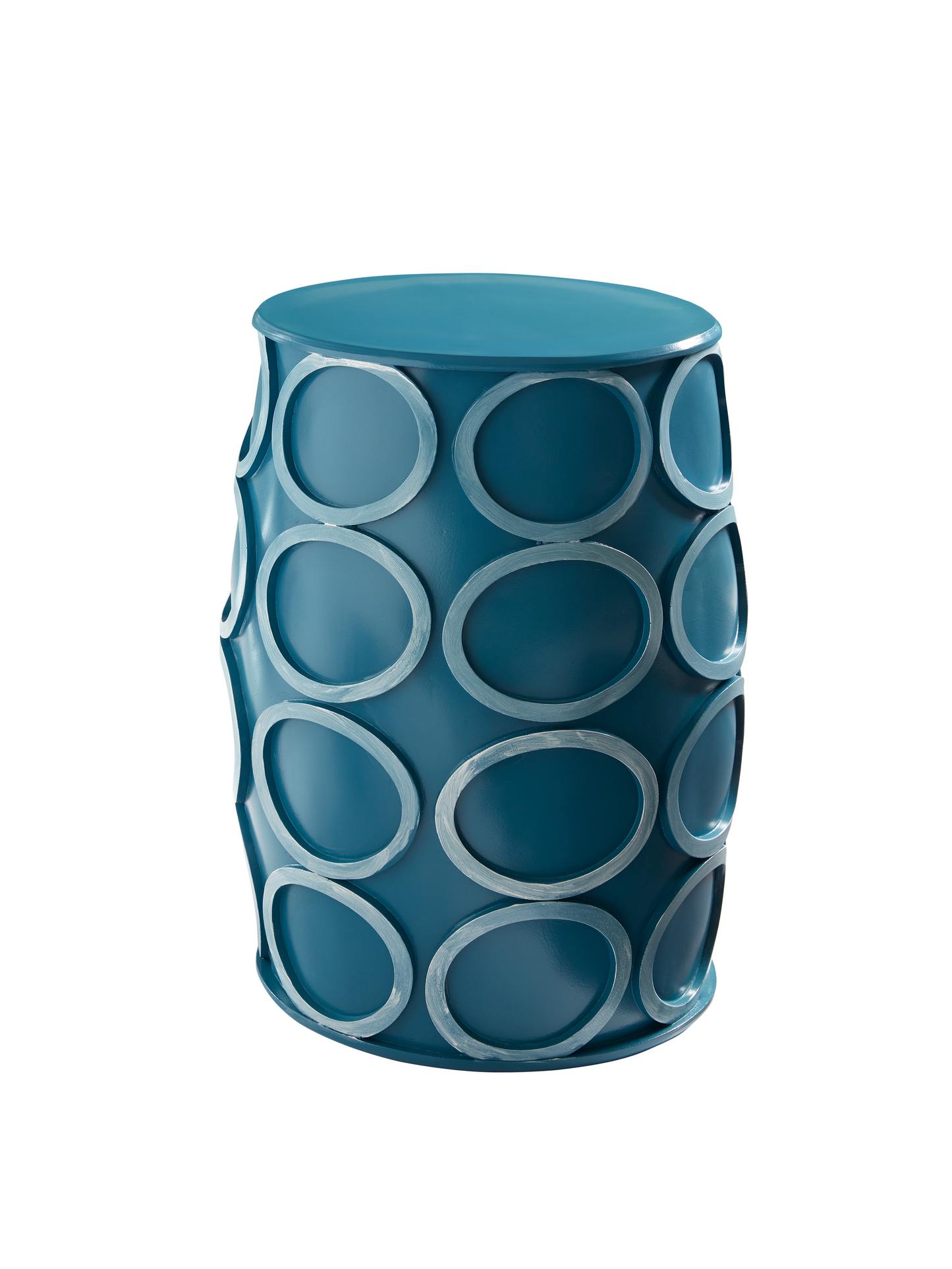 This is a silo of the Carnival side table from Modern Elements, shown here in the Blue with White rings. This table offers a dynamic visual appeal that complements a variety of interior styles.