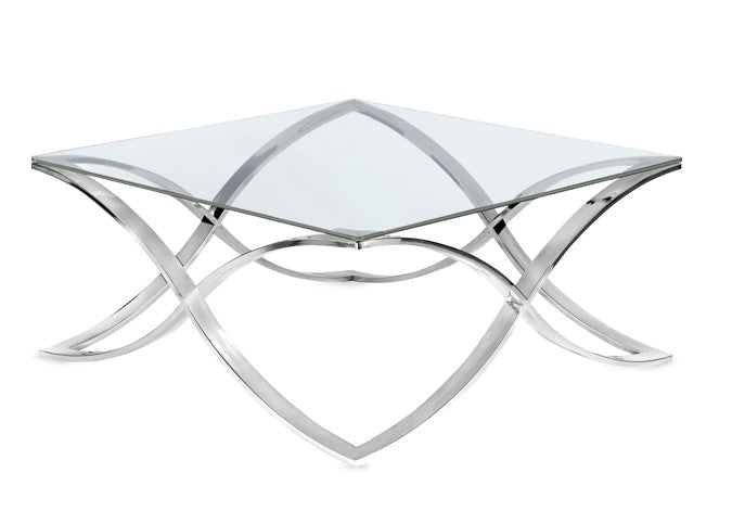 This is a lifestyle photo of the Diana Square Cocktail table from Modern Elements, featuring a unique frame design with a timeless glass table top.