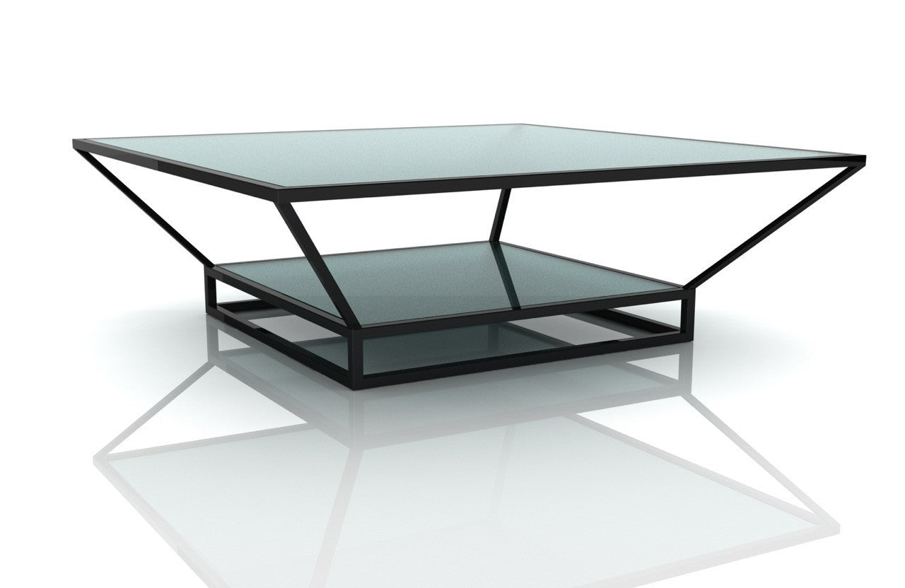 This is a silo shot of the Fluidity cocktail table by Modern Elements. This 54-inch square cocktail table features a unique, upside-down pyramid shape that adds a bold architectural element to any room. Crafted with a sturdy metal frame in a sophisticated antique or oil-rubbed bronze finish, "The Fluidity" is both stylish and durable.