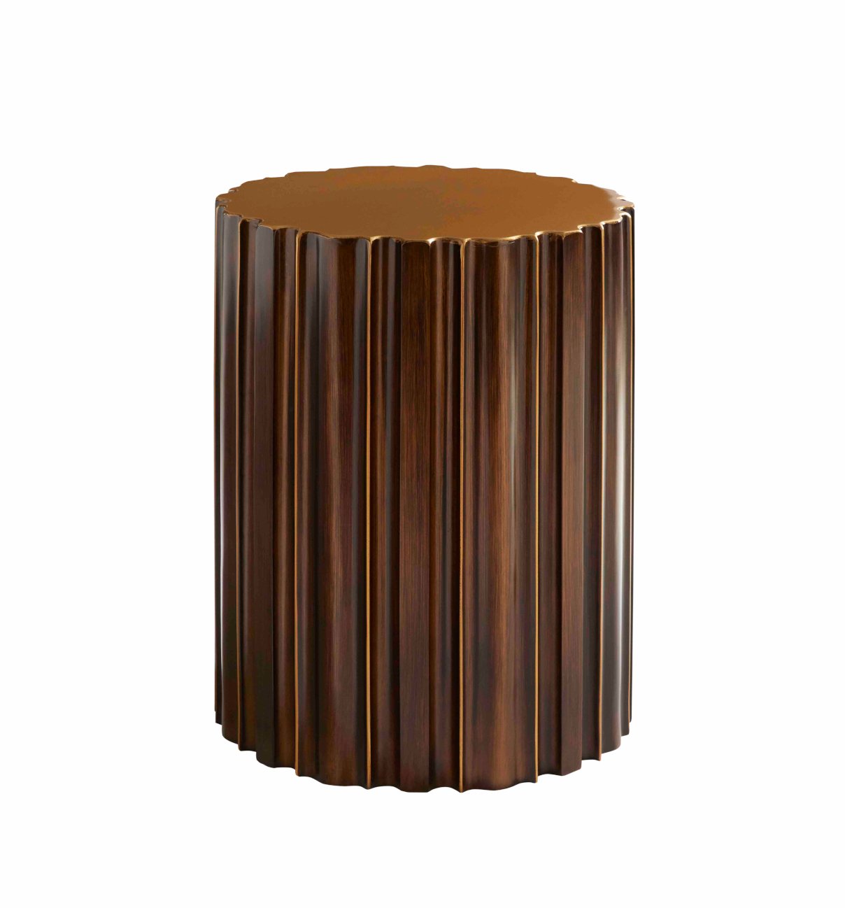 Pictured in this silo shot, we see the Harmonie End Table by Modern Elements Furniture. Cast in resin and handcrafted in the USA, this round pull-up table features a beautifully sculpted, ribbed surface that resembles a modern cylindrical sculpture.

Finished in a rich Hand Antiqued Bronze, the Harmonie End Table makes an ideal chairside drink holder or accent piece that enhances the elegance of your living space.