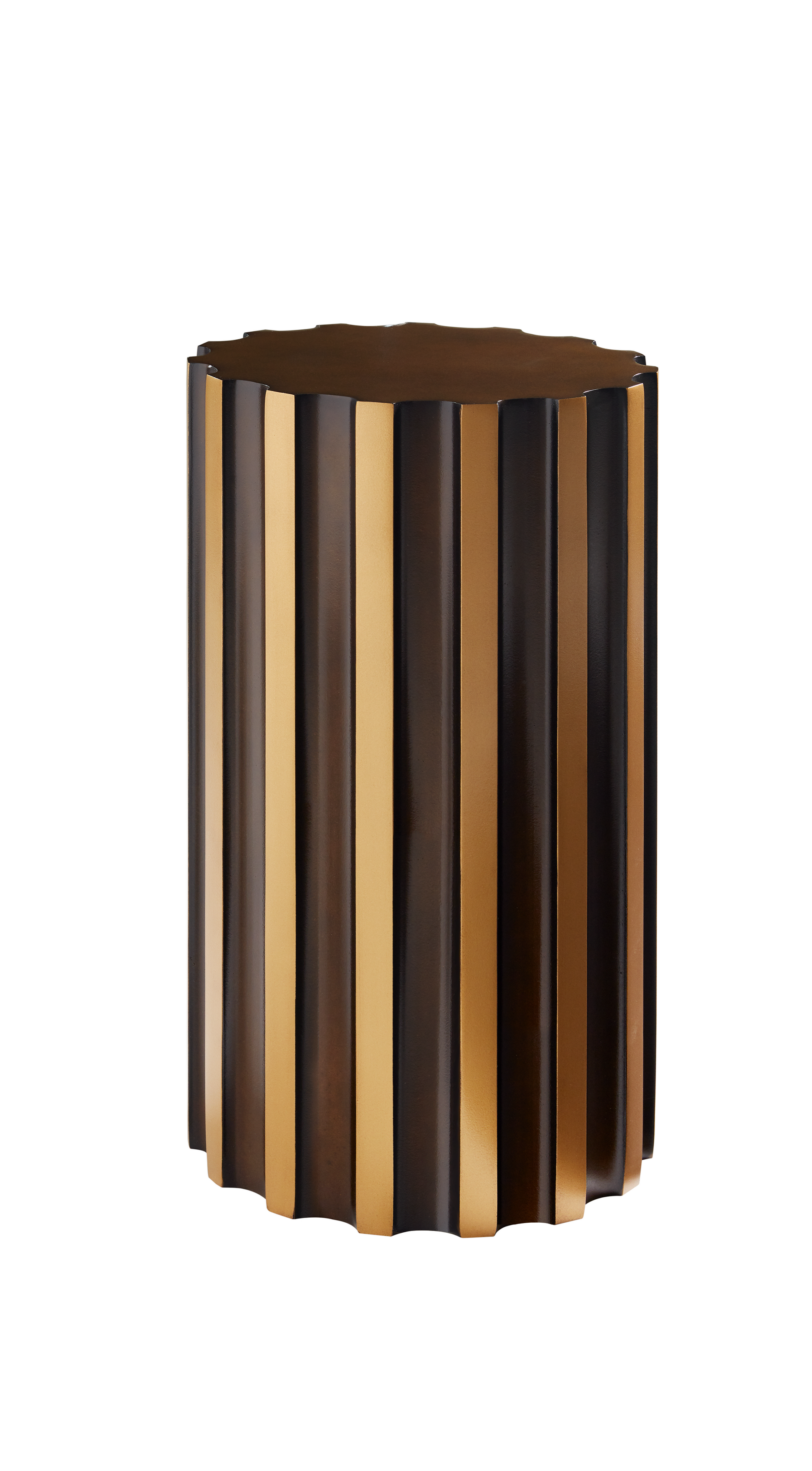 Pictured in this silo photo is the Malla Spot table by Modern Elements. This resin pull-up table draws inspiration from the elegance of Ionic columns, creating an artistic and sculptural element that enhances the decor of any room. Finished in a luxurious Bronze with Gold accents, The Malla adds a touch of bold sophistication to both contemporary and traditional settings. 