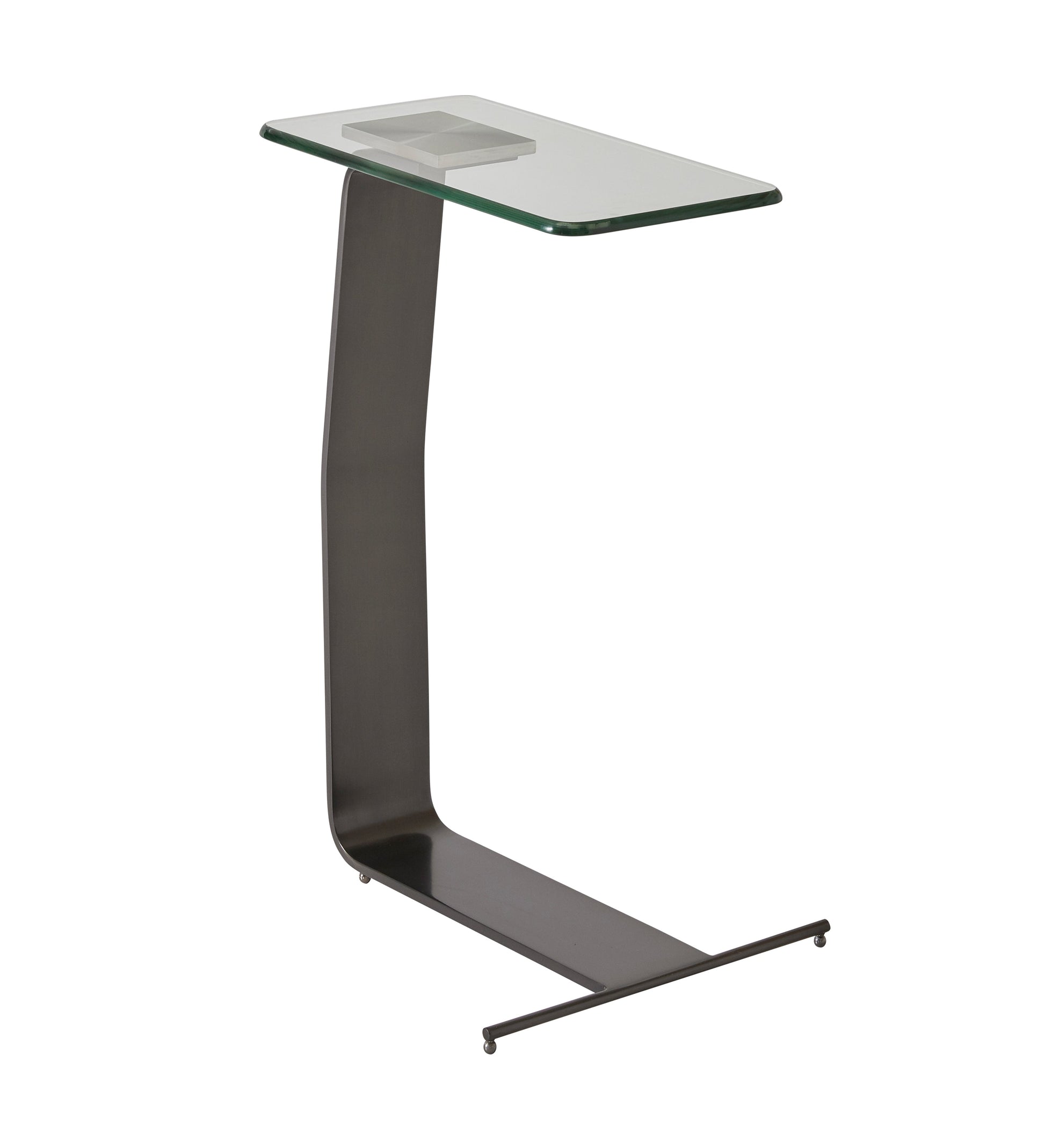 This is a silo photo of the Plateau Side table shown in oil-rubbed bronze.

Featuring a clear glass tabletop that rests on a sleek, sculptural metal frame, this metal and glass side table adds a touch of sophistication to your home decor. The unique frame, crafted from a single piece of metal, creates a contemporary sculpture-like form that serves as both a functional end table and a stylish accent piece.