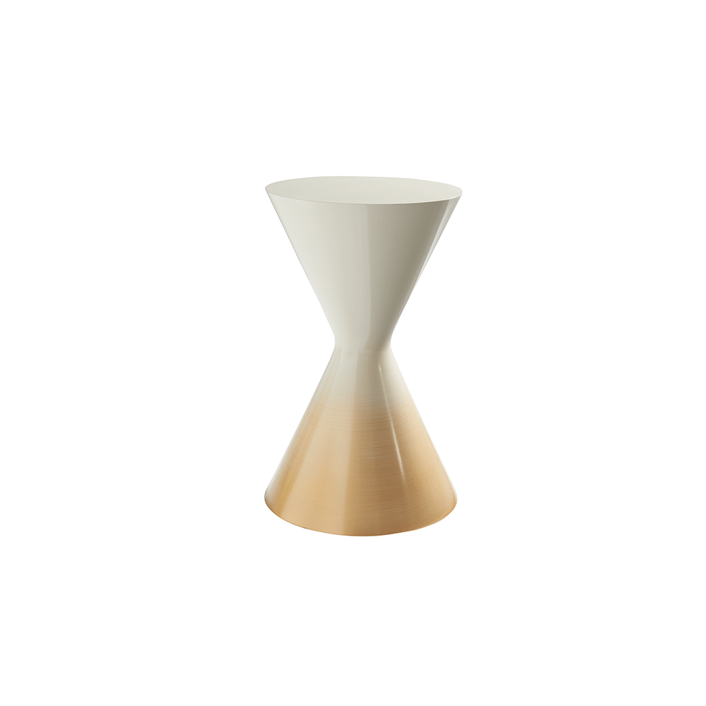 Pictured here in this silo shot, The Sablier Pull-Up Table is a stunning blend of simplicity and elegance, perfect for adding a modern touch to any living space.

This handcrafted resin table is made in the USA and features a unique hourglass shape that creates a sculptural presence in any room. Its gradient Gold to White finish adds a sophisticated flair, transforming a simple design into a true statement piece. 