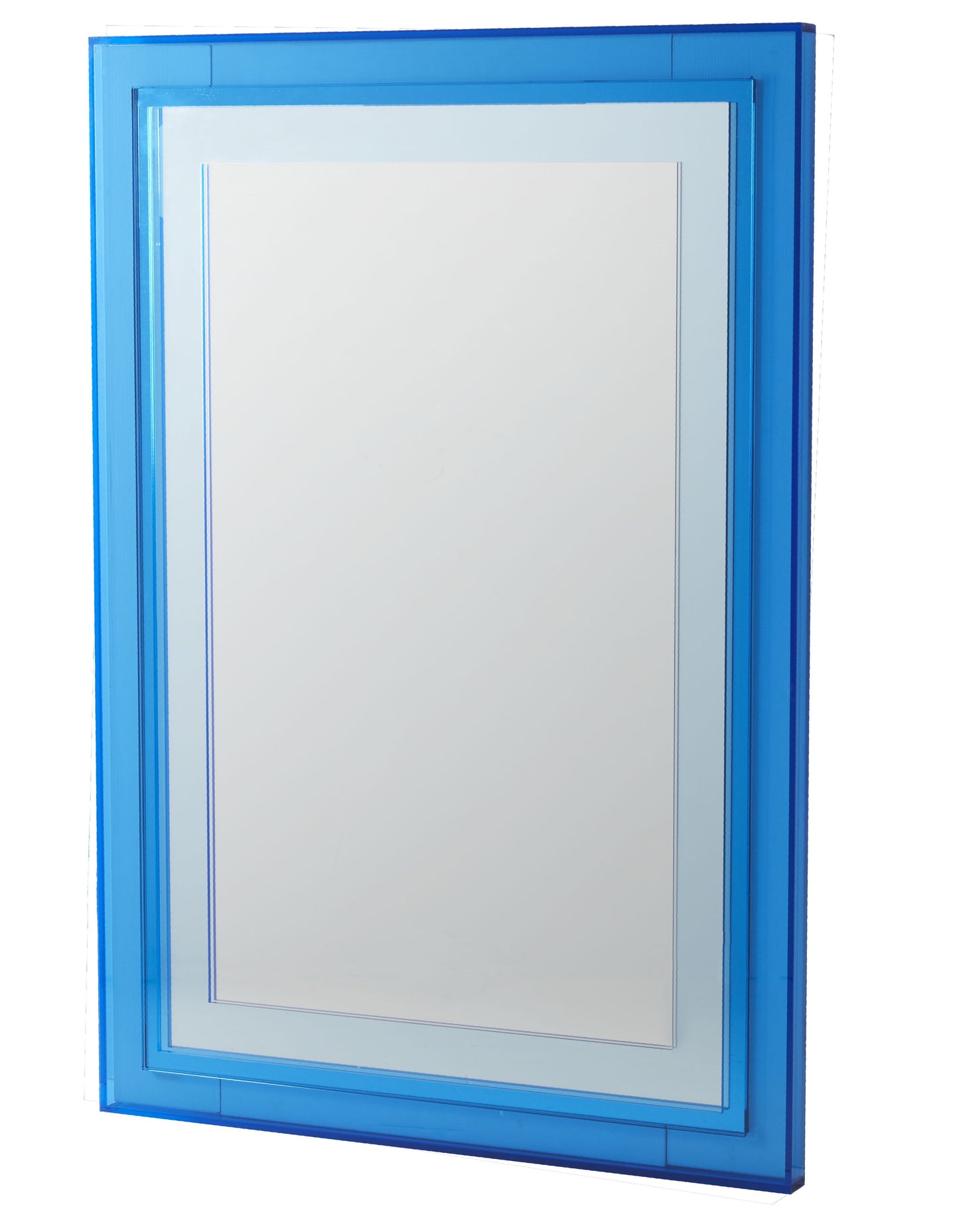 Pictured here in this silo shot, the Gelo Mirror continues the bold, futuristic design of its sister pieces, the Gelo cocktail and Gelo console, making it a striking addition to any modern space.

Featuring blue acrylic panels and a meticulously crafted geometric frame, this mirror embodies contemporary sophistication with a futuristic twist. The Gelo Mirror is more than just a functional piece; it's a statement of style, seamlessly blending art and utility.