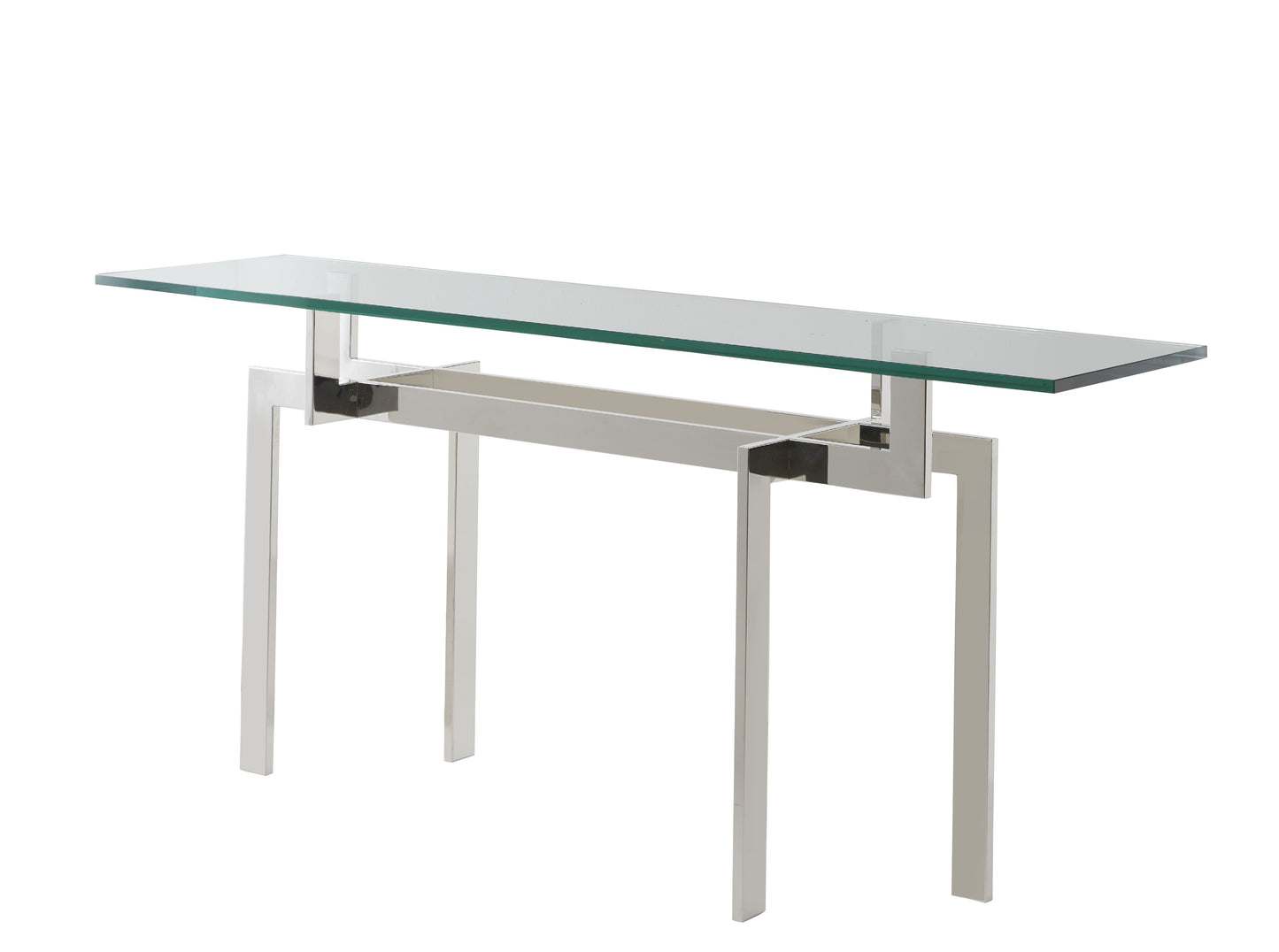 Crafted with a stainless steel frame and a clear glass tabletop, The Zig Zag Console Table features an intricate base design where the table legs create an optical illusion, appearing to zig-zag as they connect to the tabletop. Its unique contemporary geometric design adds visual interest and makes it a true statement piece for any space.