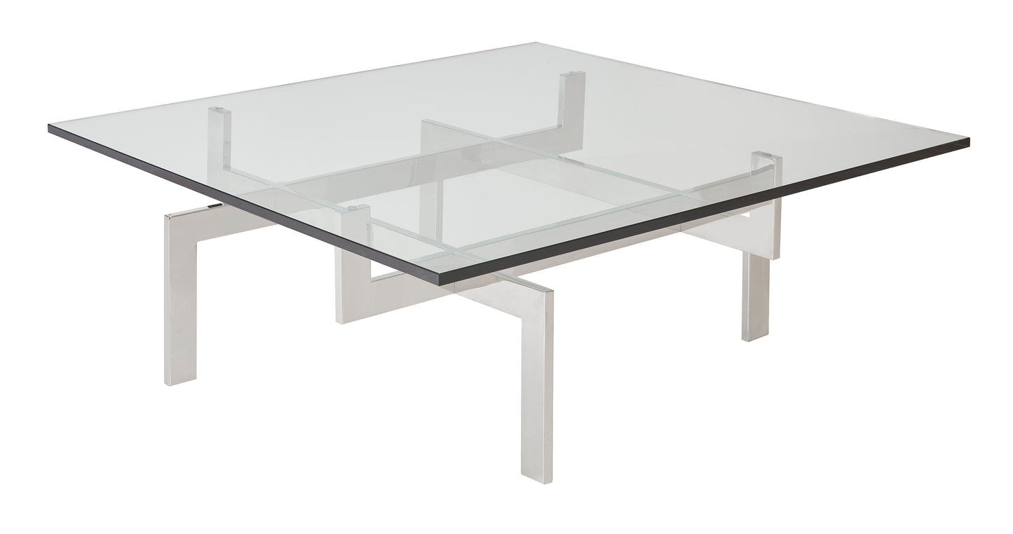 Pictured in this silo shot, The Zig Zag Square Cocktail Table is a striking addition to any modern living room or lounge space, offering both functionality and artistic flair.

Crafted with a sleek stainless steel frame, this square cocktail table features an intricate base design that creates an eye-catching optical illusion. The geometric legs appear to twist and intersect beneath the clear glass tabletop, adding a unique architectural element to your decor.